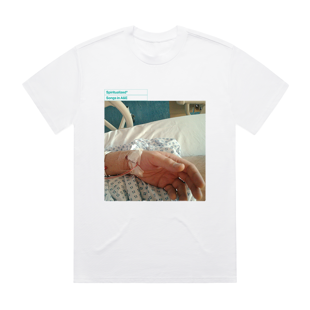 Front view of a white unisex short-sleeve T-shirt featuring the Spiritualized ‘Songs in A&E’ album artwork printed across the front.