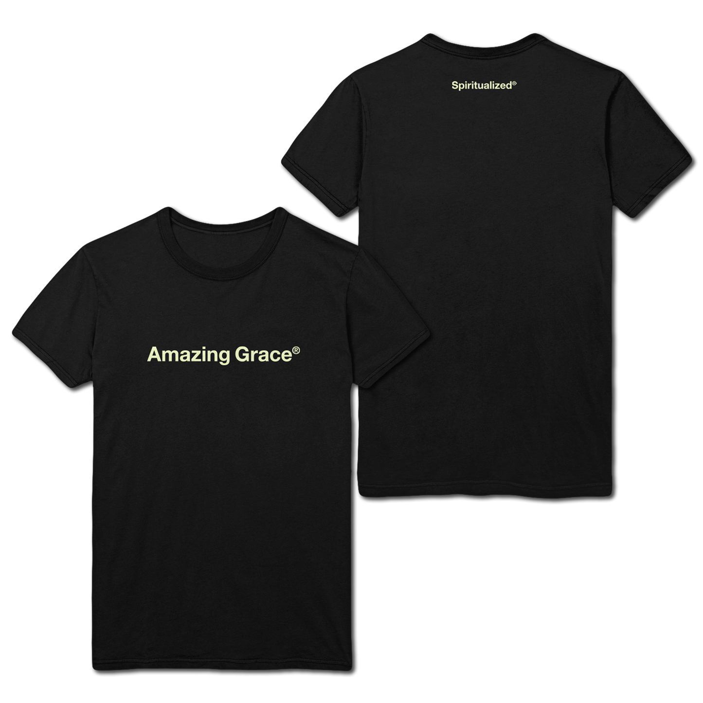 Front and back view of a black short-sleeve regular-fit unisex T-shirt featuring glow-in-the-dark text reading ‘Amazing Grace’ on the front, and ‘Spiritualized’ printed across the neck.