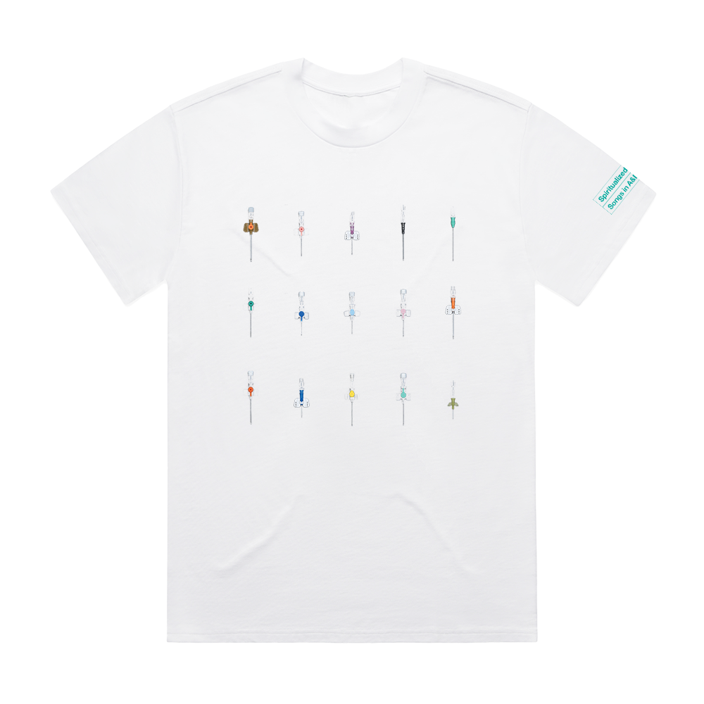 Front view of a white short-sleeve unisex T-shirt featuring colourful cannulas printed across the front and turquoise text on the left sleeve reading 'Spiritualized - Songs in A&E'.