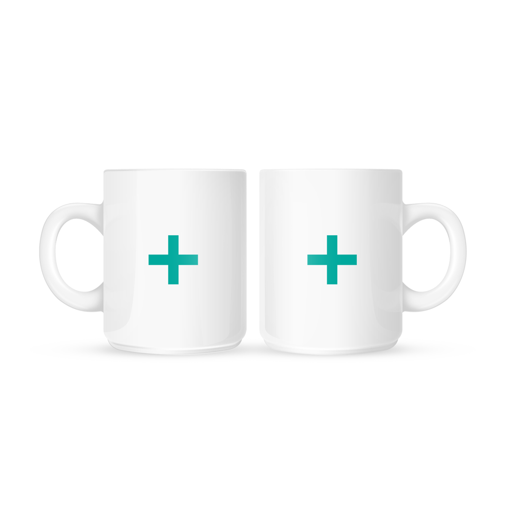 Side view of a white mug featuring a turquoise Pharmacy plus symbol printed on both sides.