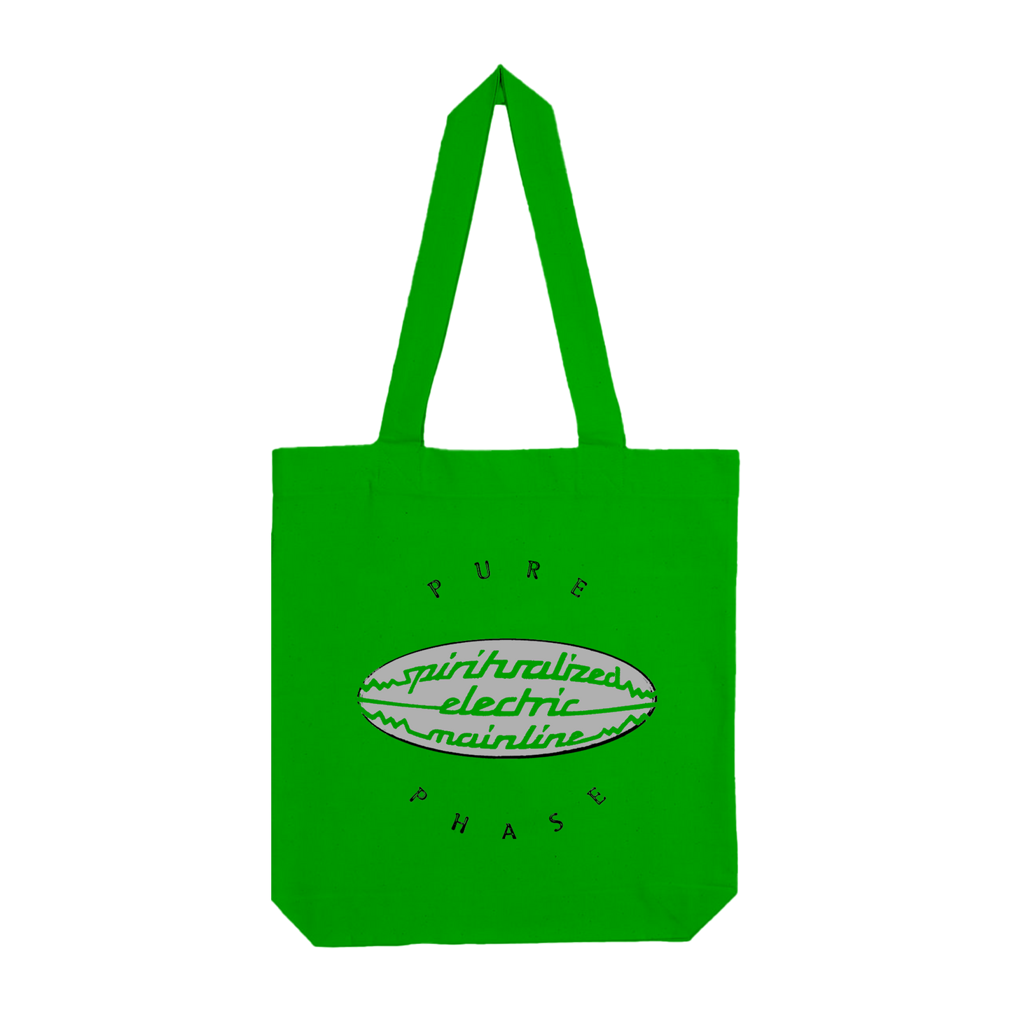 Front view of a green tote bag with a 'Spiritualized Electric Mainline' print across the centre. Above, there is fine line text reading 'Pure', and underneath, the word 'Phase'.