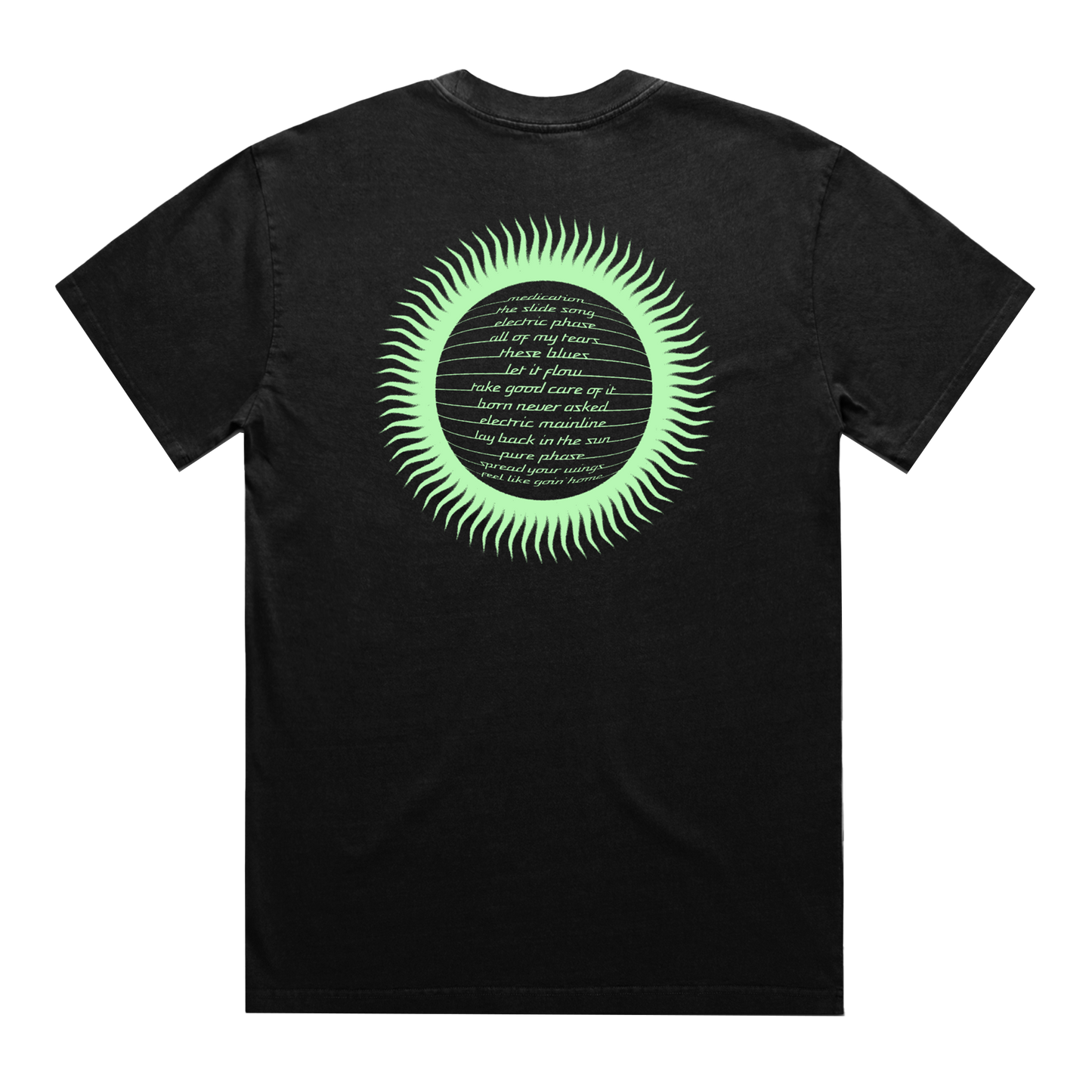 Back view of a black short-sleeve T-shirt with a glow-in-the-dark Spiritualized tracklist print across the back