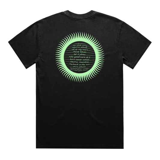 Back view of a black short-sleeve T-shirt with a glow-in-the-dark Spiritualized tracklist print across the back