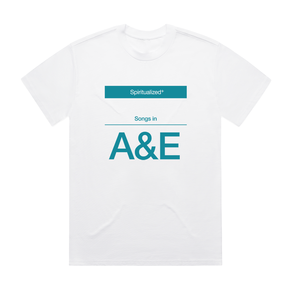 Front view of a white unisex short-sleeve T-shirt featuring a turquoise ‘Spiritualized - Songs in A&E’ print across the front.