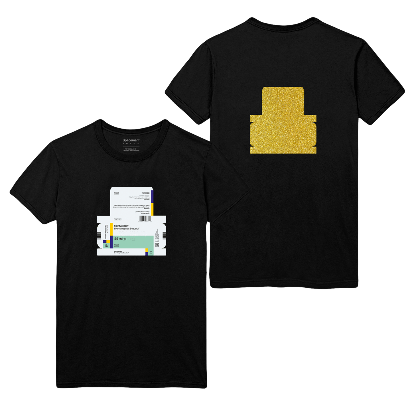 Front and back view of a black short-sleeve unisex T-Shirt with 'Everything was Beautiful' album print across the front, and gold print across the back