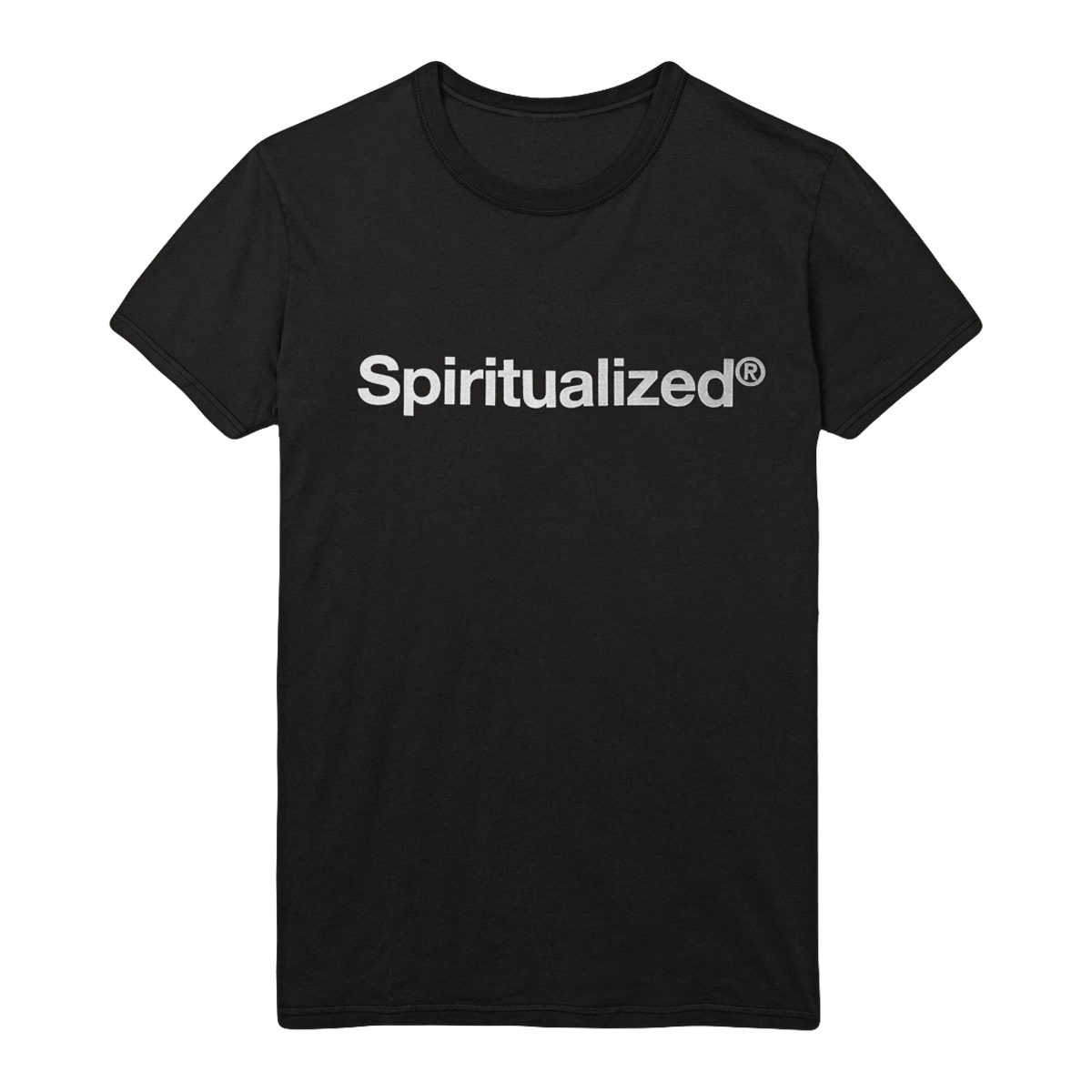 Front view of a black short-sleeve unisex T-shirt with white Spiritualized logo printed across the front.