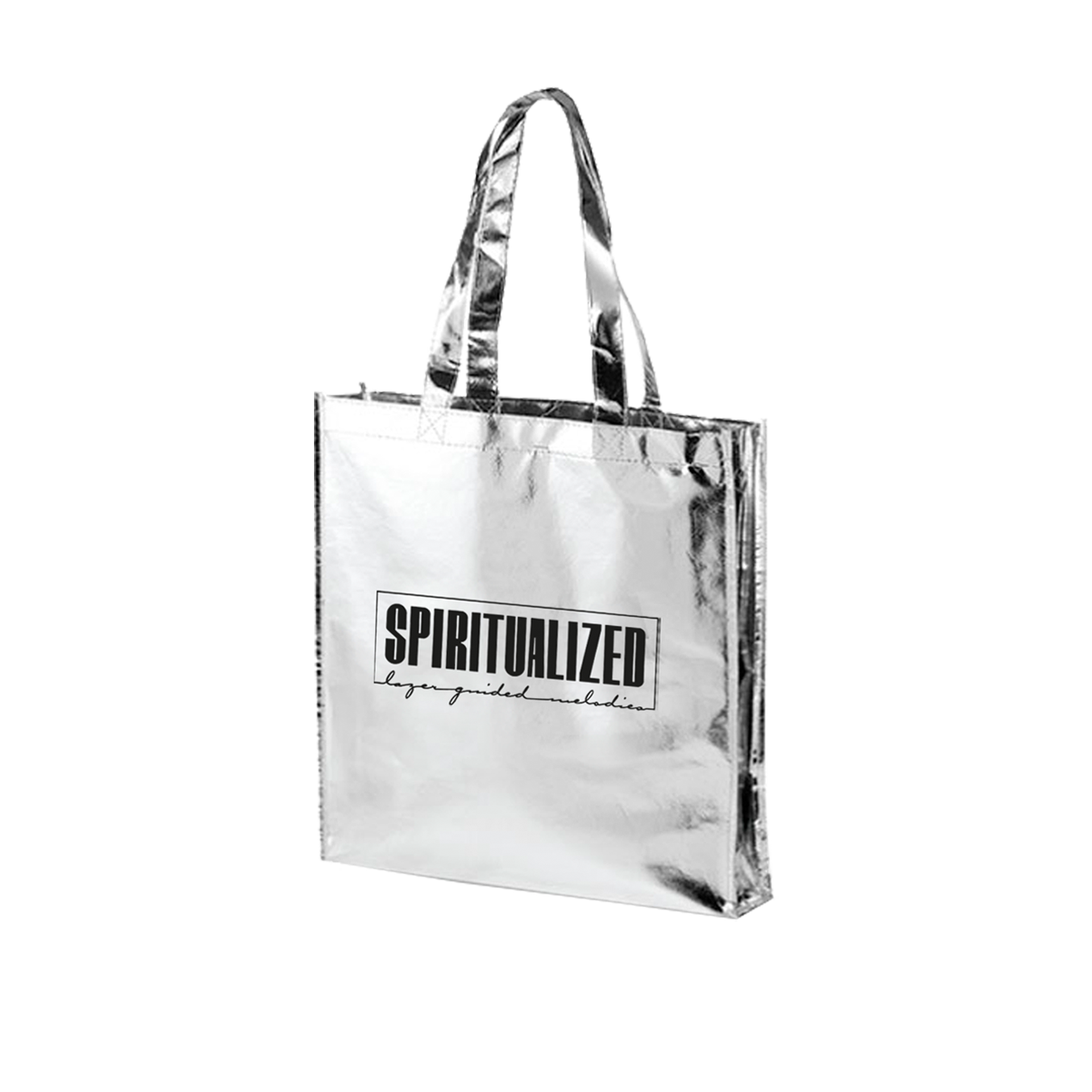 Front-side view of a silver foil-effect tote bag with a black Spiritualized 'Lazer Guided Melodies' print across the front.