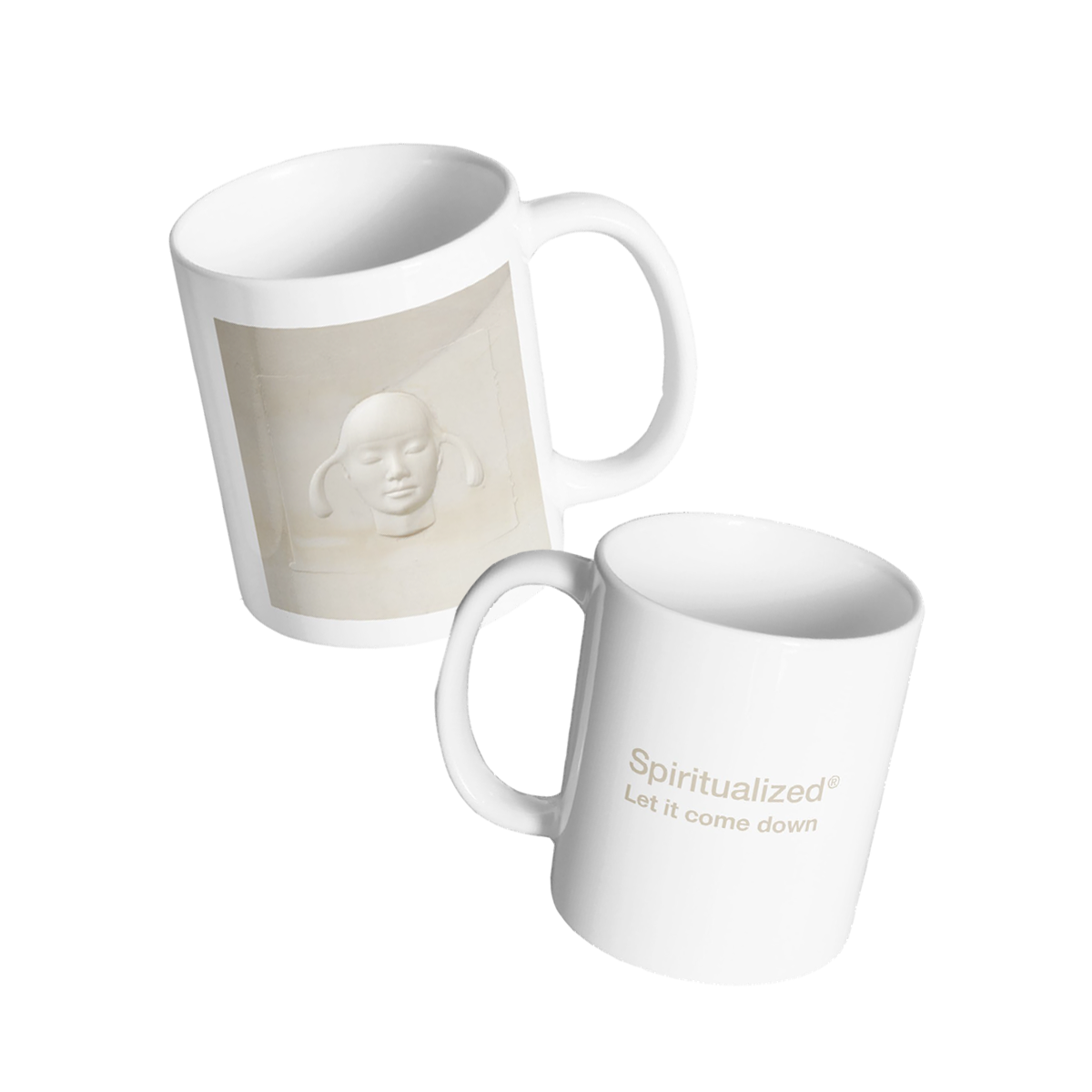 Front view of a white ceramic mug featuring Let It Come Down album artwork on one side and beige text reading “Spiritualized – Let It Come Down” on the other.
