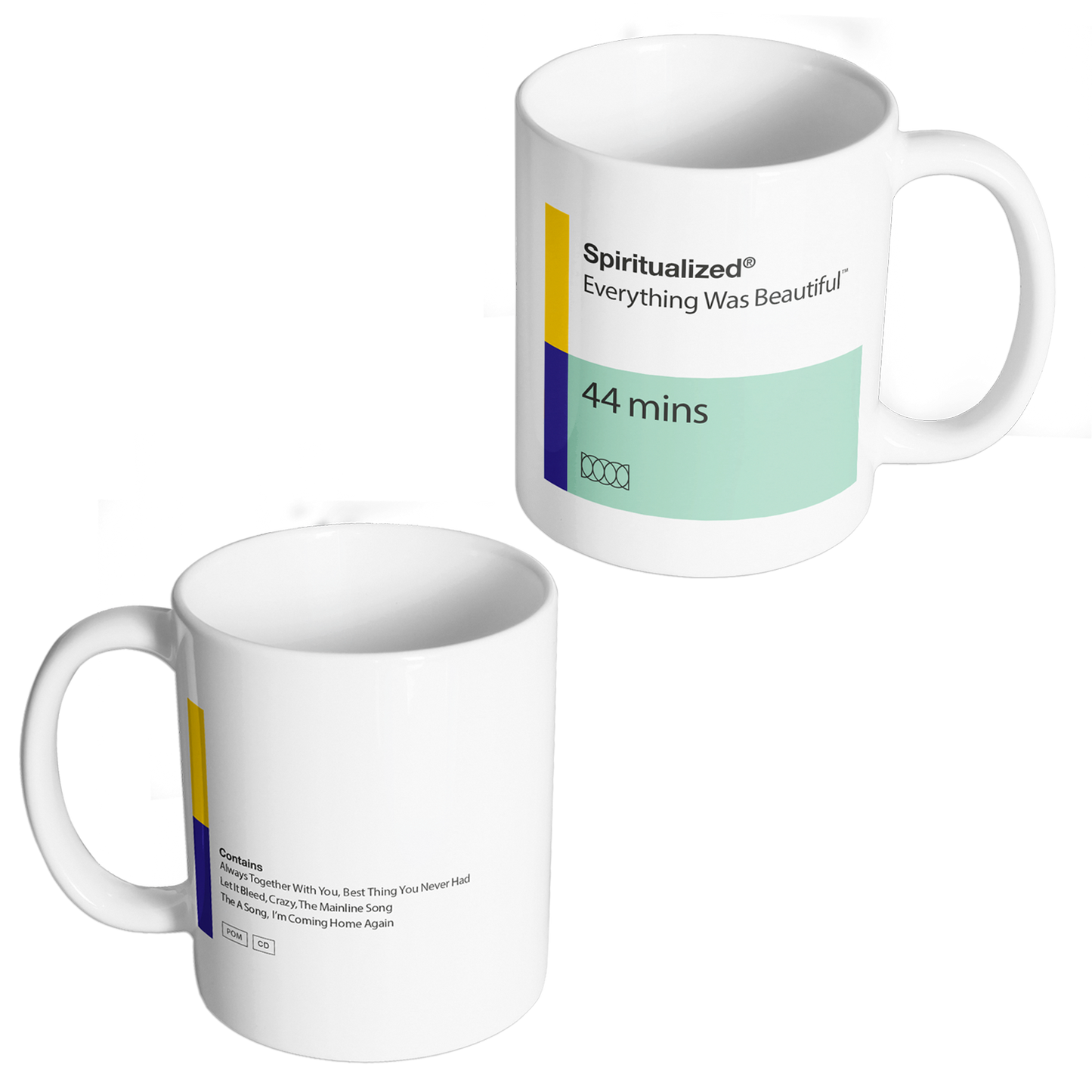 Side view of a white ceramic mug featuring Spiritualized Everything Was Beautiful artwork wrapped around the mug.