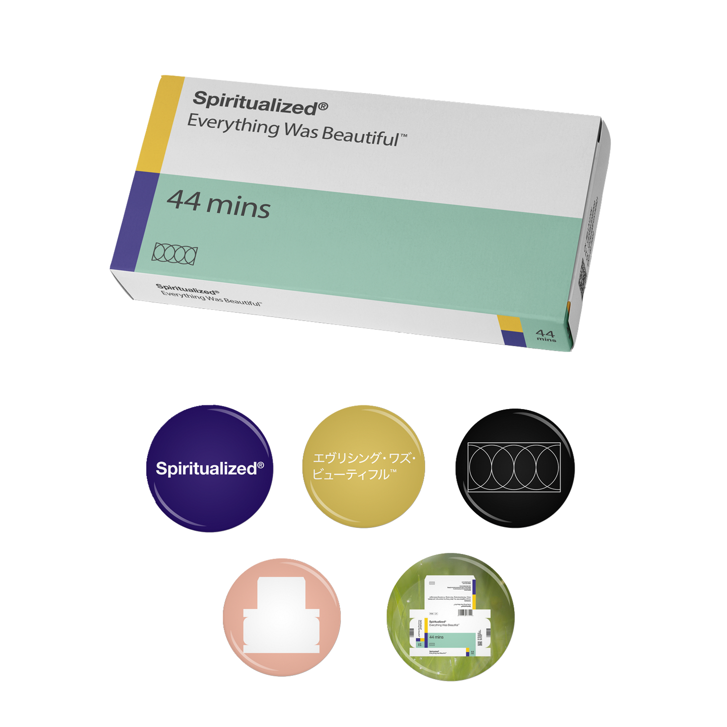 Front view of a 5-piece pin set featuring artwork from Everything Was Beautiful, displayed in packaging designed to resemble a package of pills.