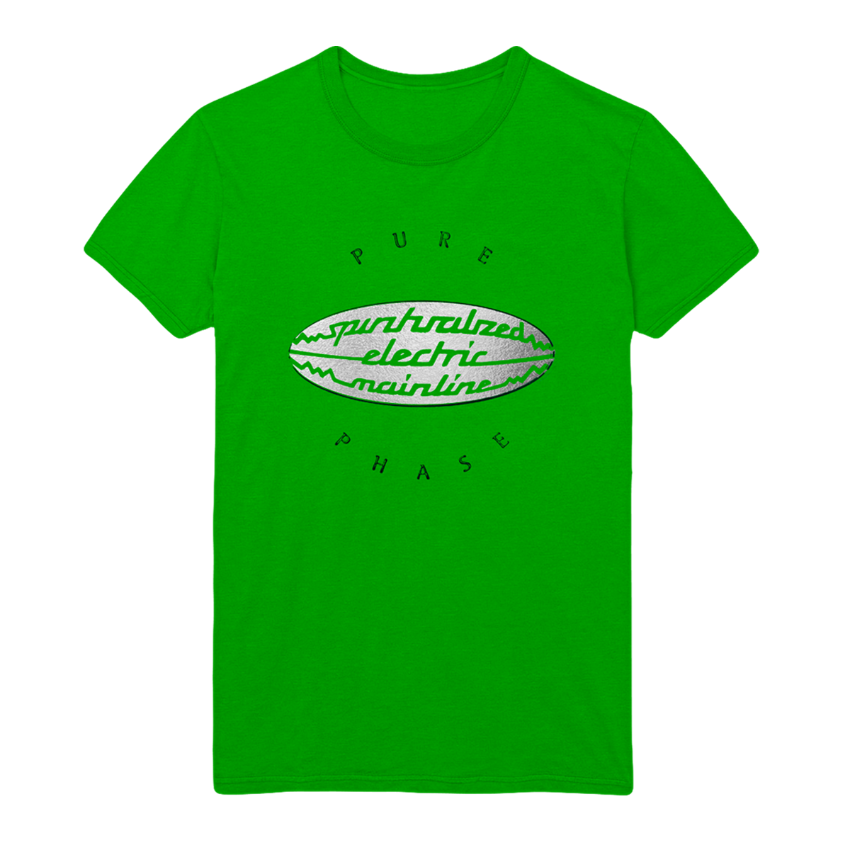 Front view of a green unisex short-sleeve T-shirt with a centred Spiritualized print, black text reading 'Pure' above, and 'phase' below.