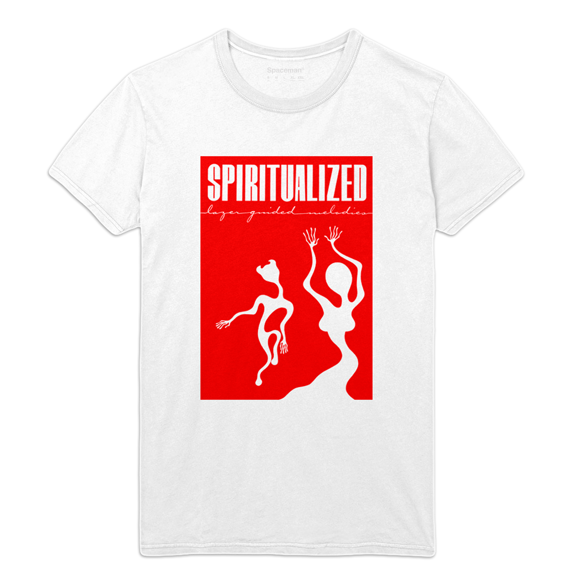 Front view of a white unisex short-sleeve T-shirt featuring a red print of Spiritualized’s ‘Lazer Guided Melodies’ album artwork.