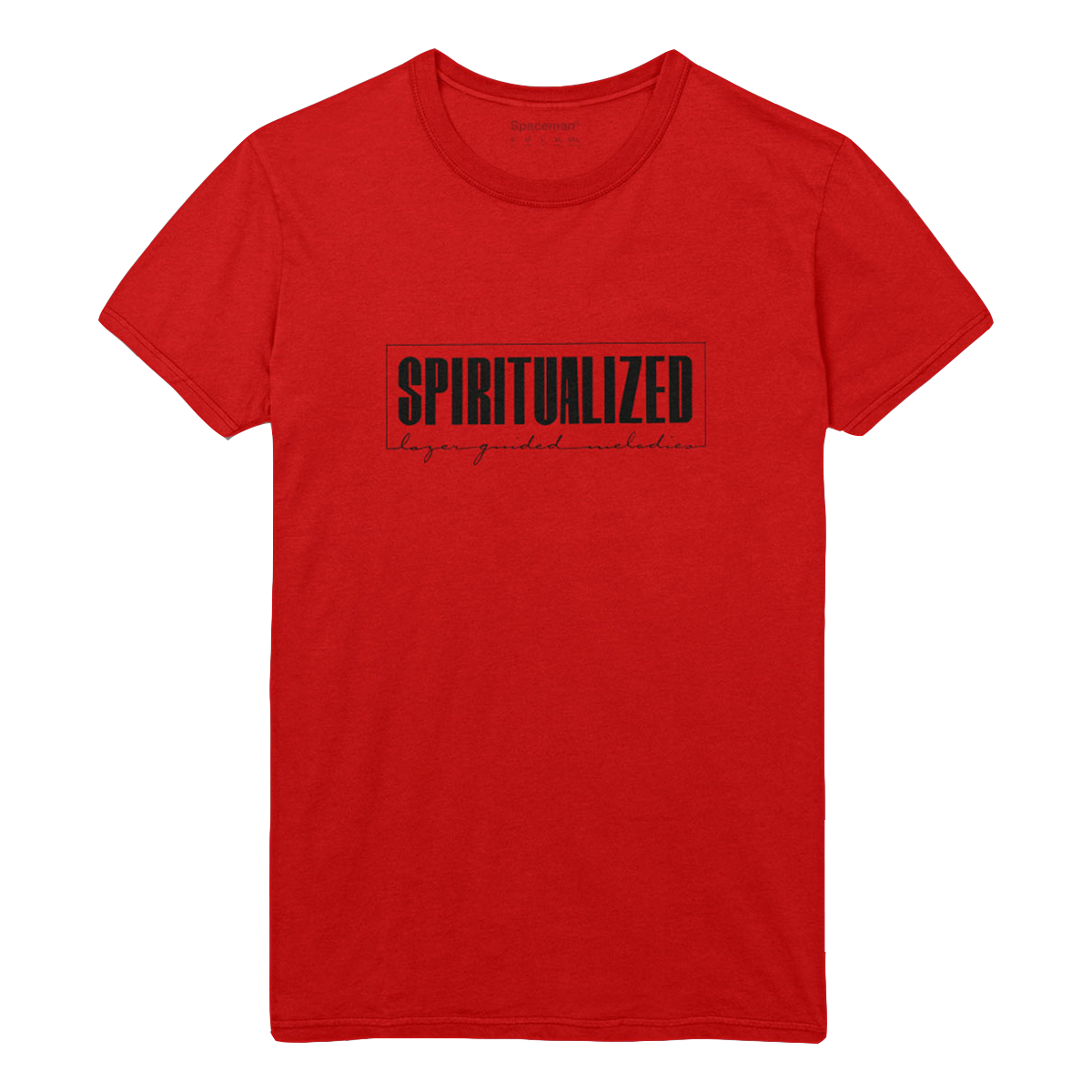 Front view of a red short-sleeve unisex T-shirt with a black Spiritualized 'Lazer Guided Melodies' print across the front.