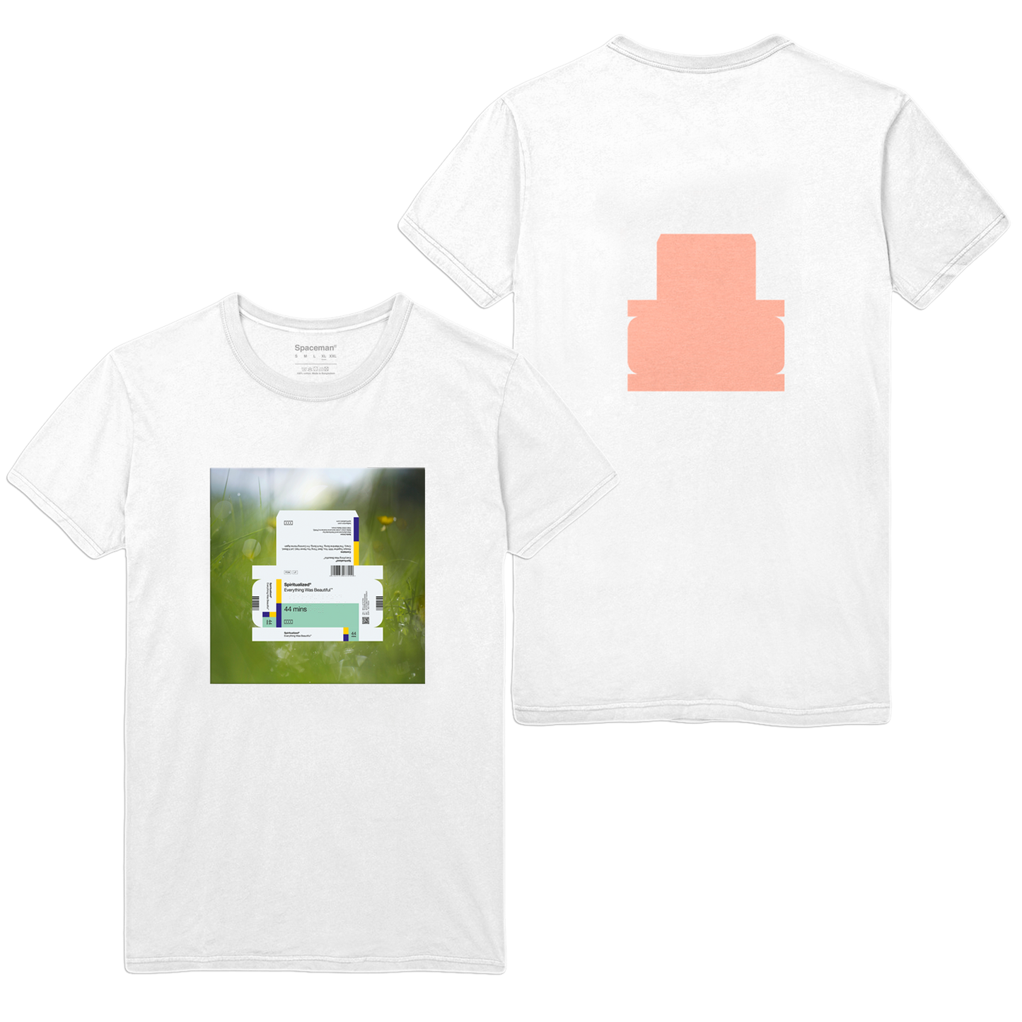 Front and back view of a white short-sleeve unisex T-shirt featuring Everything Was Beautiful album artwork printed across the front and a pink text print across the back