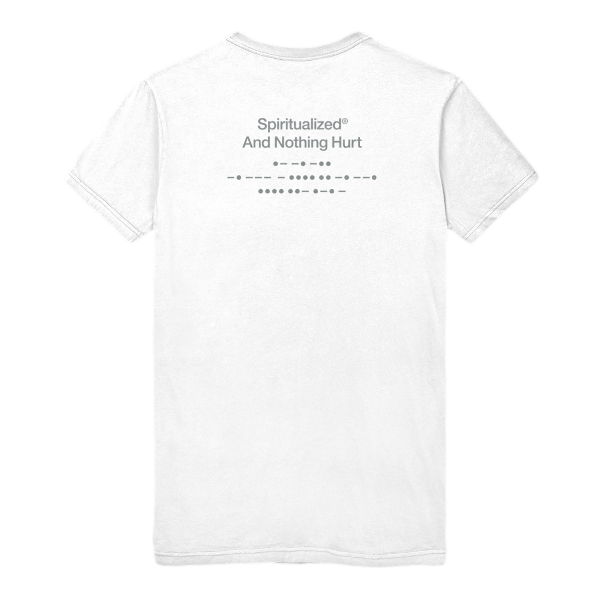 Back view of a white short-sleeve unisex T-shirt with grey ‘Spiritualized – And Nothing Hurt’ print across the back.