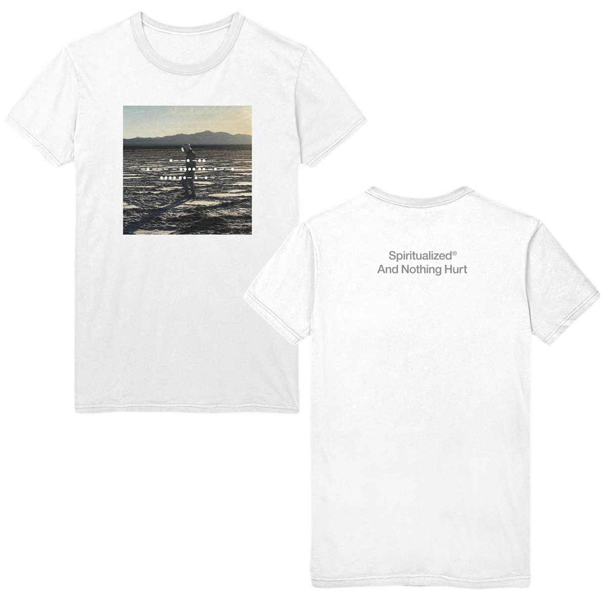 Front and back view of a white short-sleeve unisex T-shirt with ‘And Nothing Hurt’ album artwork printed on the front and grey text on the back reading ‘Spiritualized – And Nothing Hurt’.