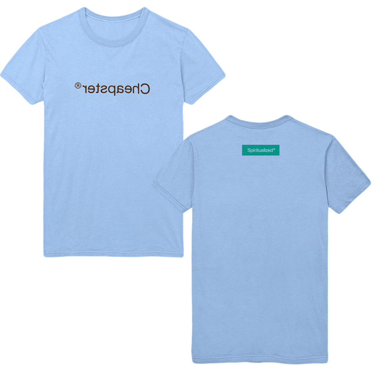 Front and back view of a light-blue short-sleeve T-shirt with black backwards "cheapster" text printed on the front and turquoise "Spiritualized" text across the back neck.