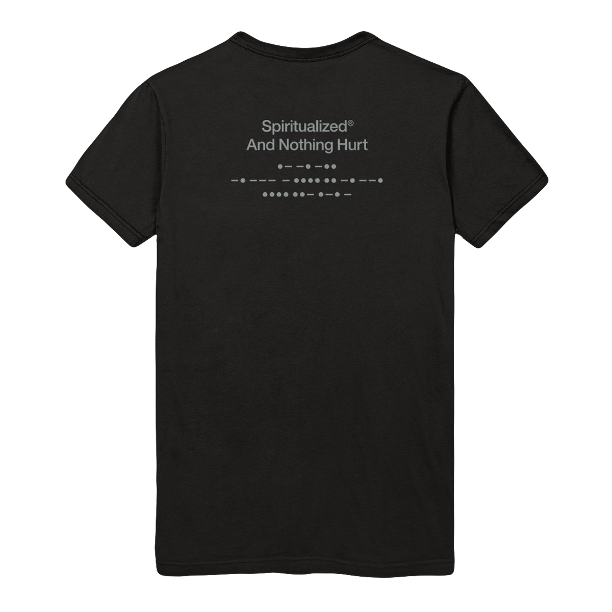 Back view of a black short-sleeve unisex T-shirt a light grey morse code print across the back.