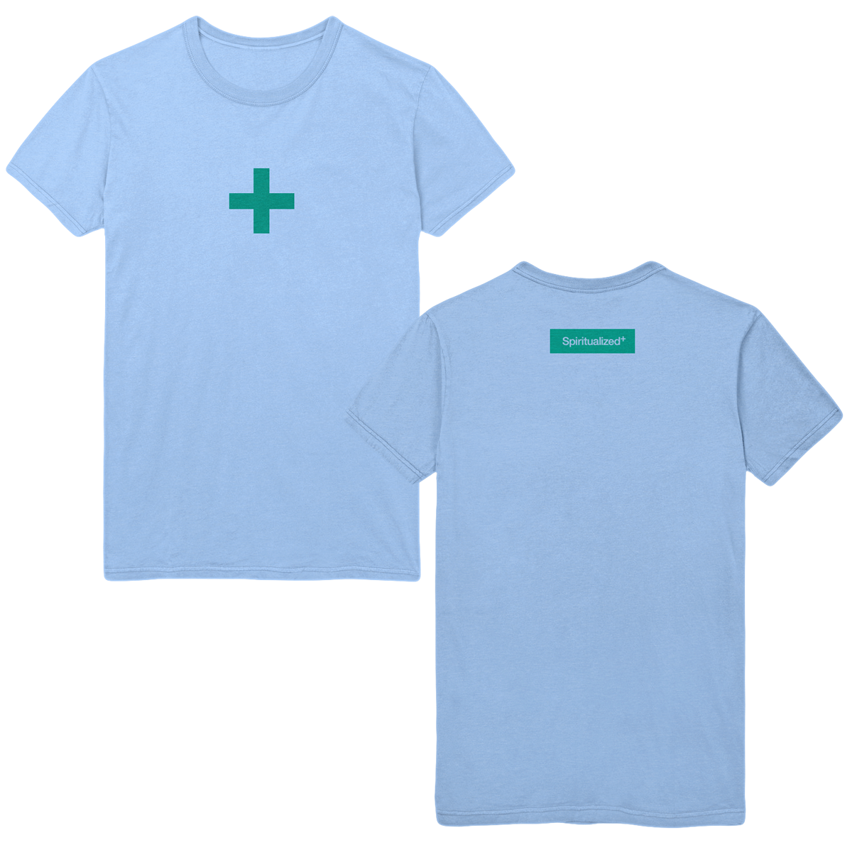 Front and back view of a light-blue short-sleeve ladies’ T-shirt featuring a turquoise pharmacy cross print on the front and turquoise ‘Spiritualized’ text print on the back.