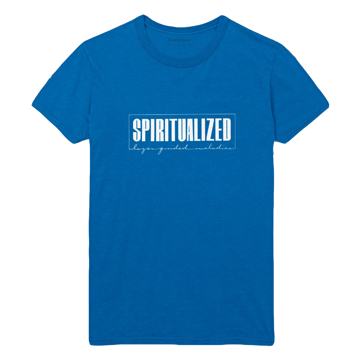 Front view of a blue short-sleeve unisex T-shirt with a white Spiritualized 'Lazer Guided Melodies' print across the front.