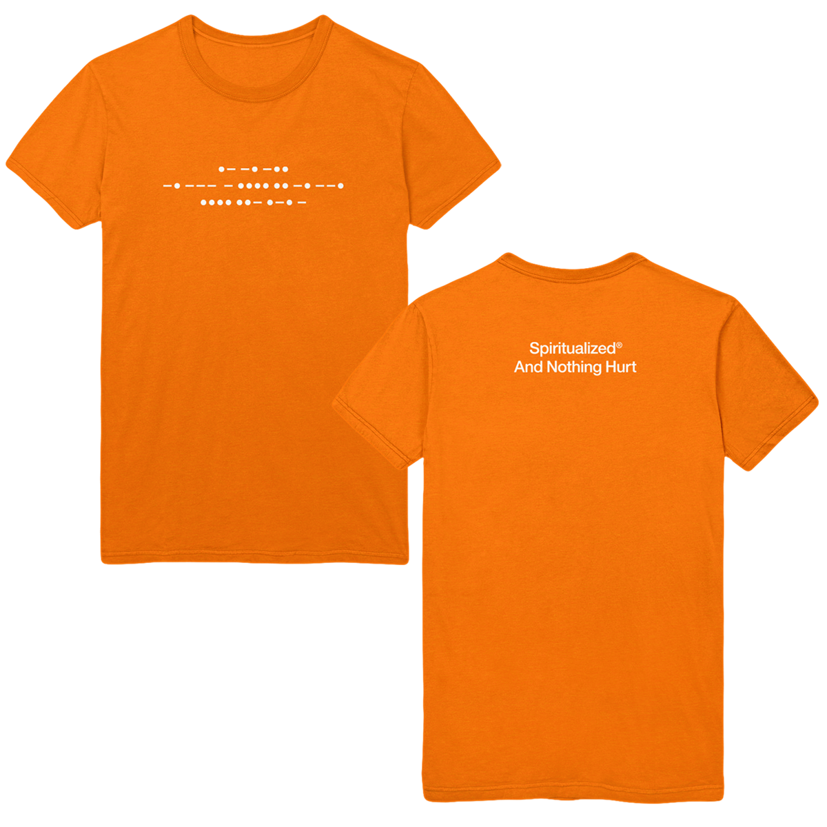 Front and back view of an orange short-sleeve unisex T-shirt with white Morse code print across the front and white text on the back reading 'Spiritualized – And Nothing Hurt'.