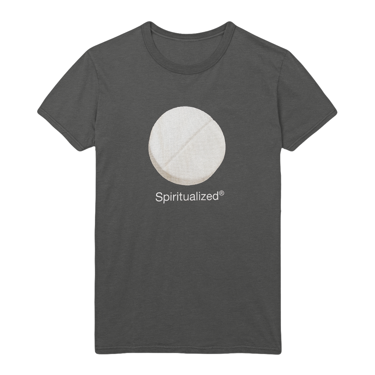 Front view of a grey short-sleeve regular-fit T-shirt featuring a Spiritualized pill print across the front.