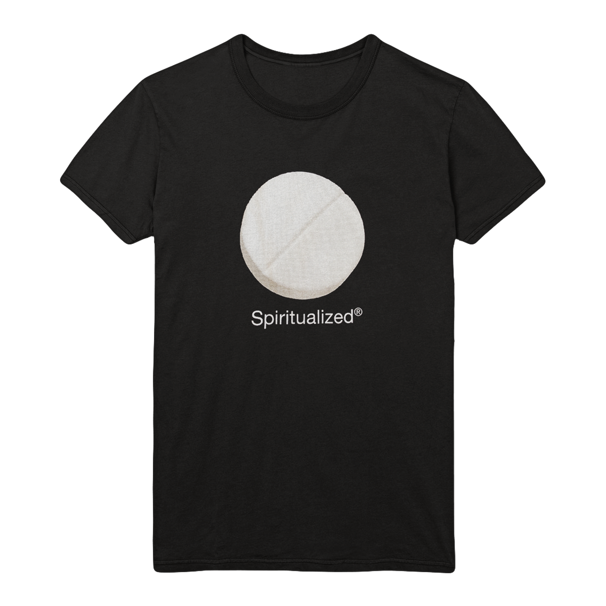 Black short-sleeve regular-fit T-shirt with a Spiritualized pill print across the front.