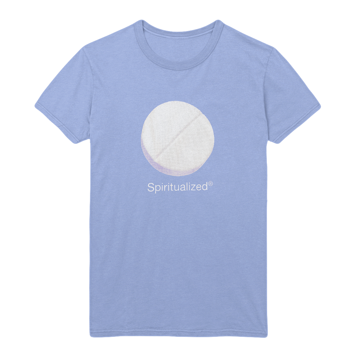 Front view of a light blue short-sleeve regular fit T-shirt with a Spiritualized pill print across the front.