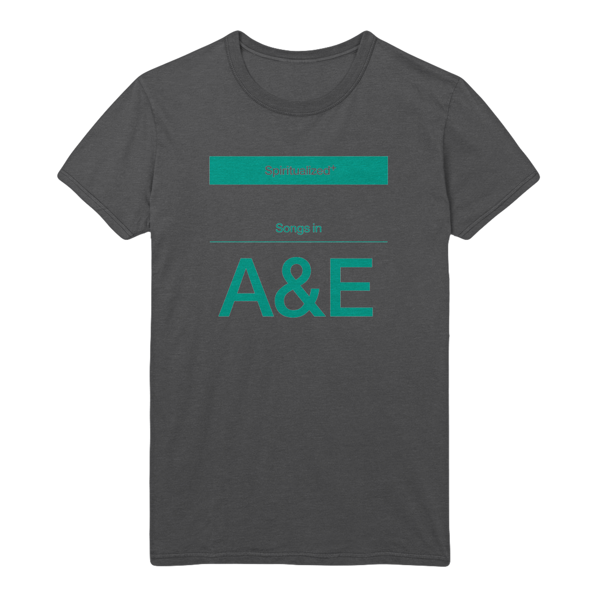 Front view of a grey short-sleeve ladies T-shirt with a turquoise Spiritualized 'Song in A&E' print across the front.