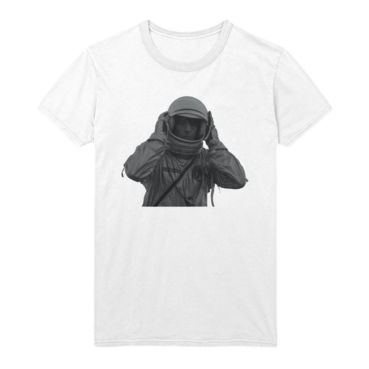 Front view of a white short-sleeve unisex T-shirt featuring a black and white Spiritualized Spaceman print across the front.
