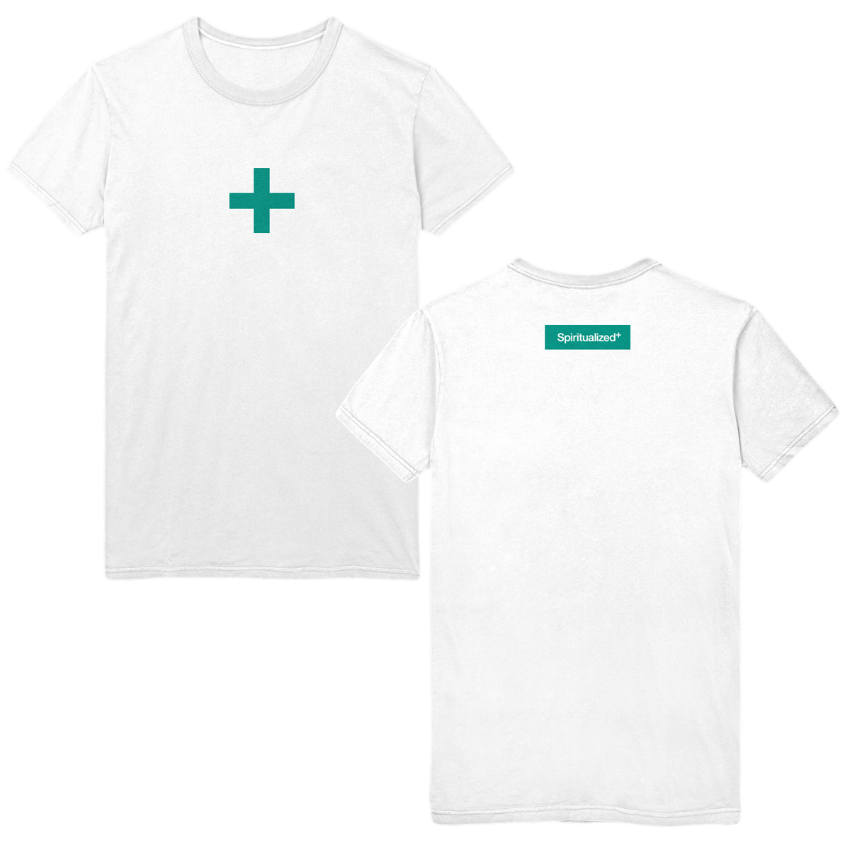 Front and back view of a white short-sleeve ladies’ T-shirt featuring a turquoise pharmacy cross print on the front and turquoise ‘Spiritualized’ text print on the back.