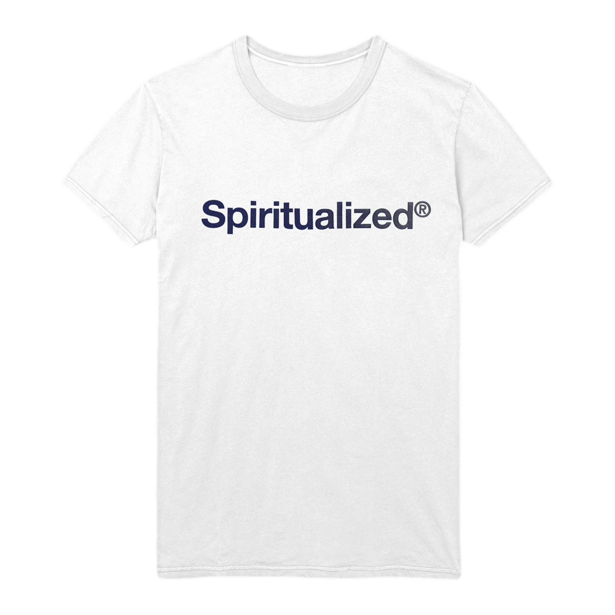 Front view of a white short-sleeve unisex T-shirt with navy Spiritualized logo printed across the front.