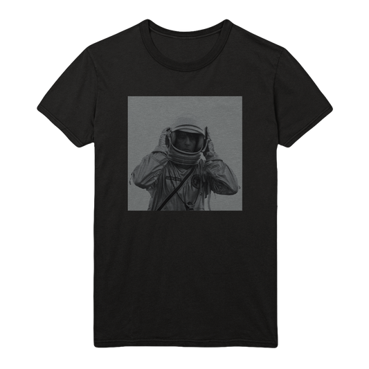 Front view of a black short-sleeve unisex T-shirt featuring a black and white Spiritualized Spaceman print across the front. 